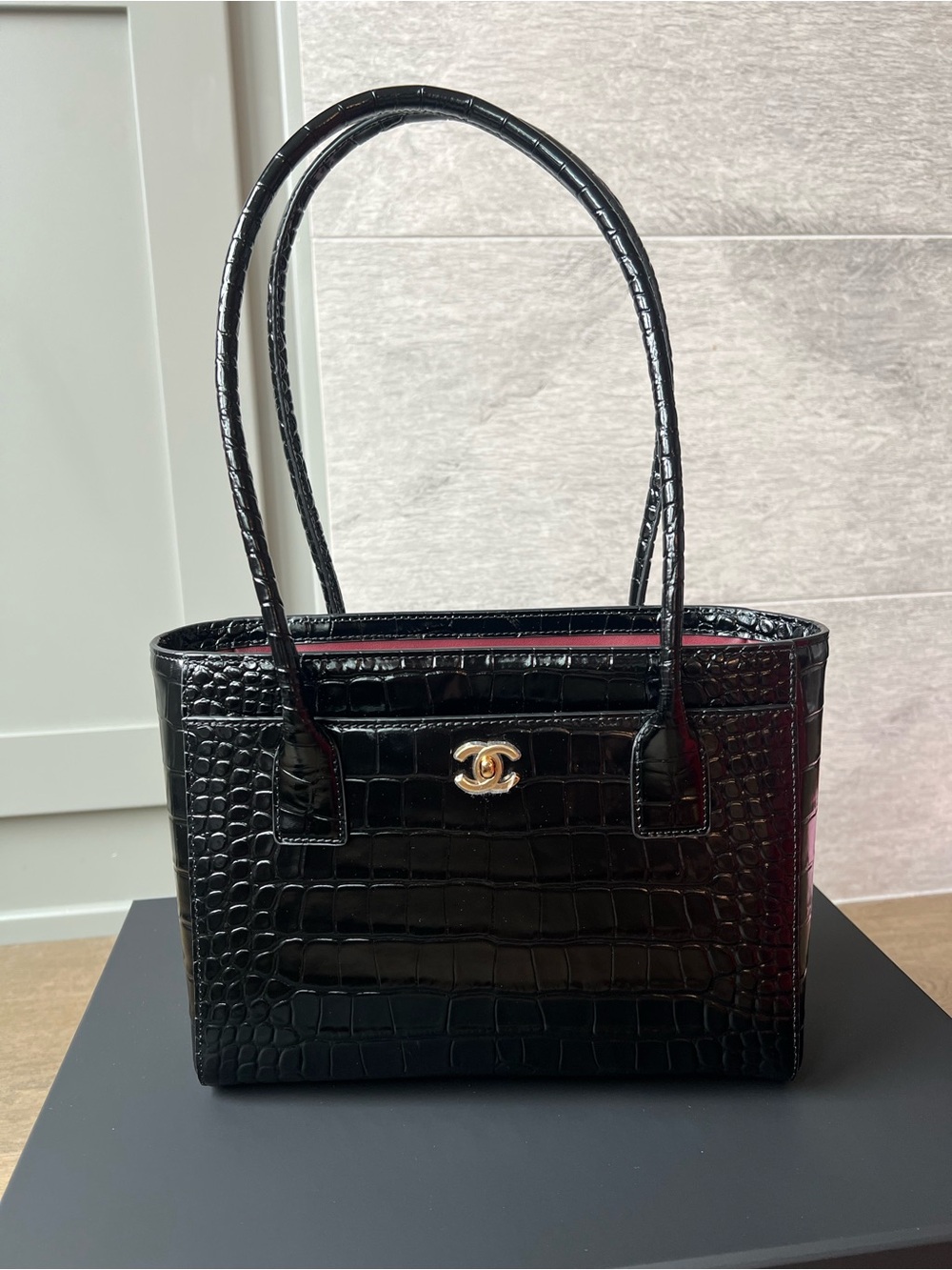 Chanel black croc embossed small tote 26K